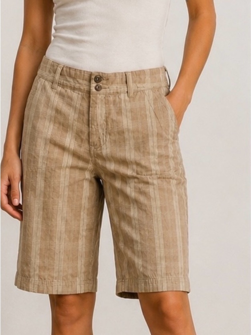 Women's Tan Striped Linen-Blend Bermuda Shorts 100% cotton organic